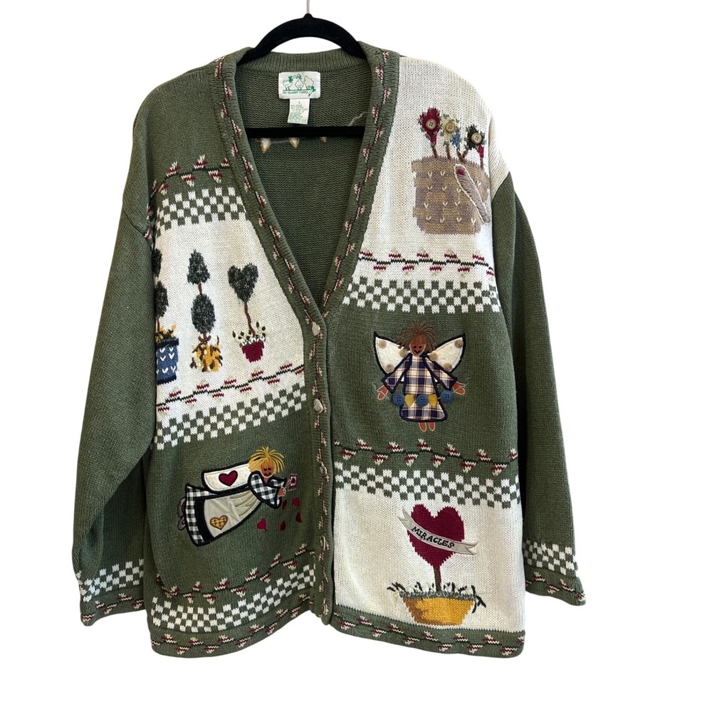 Vintage Quacker Factory Angel Heart Cardigan‎ Sweater Green Embroidered Large